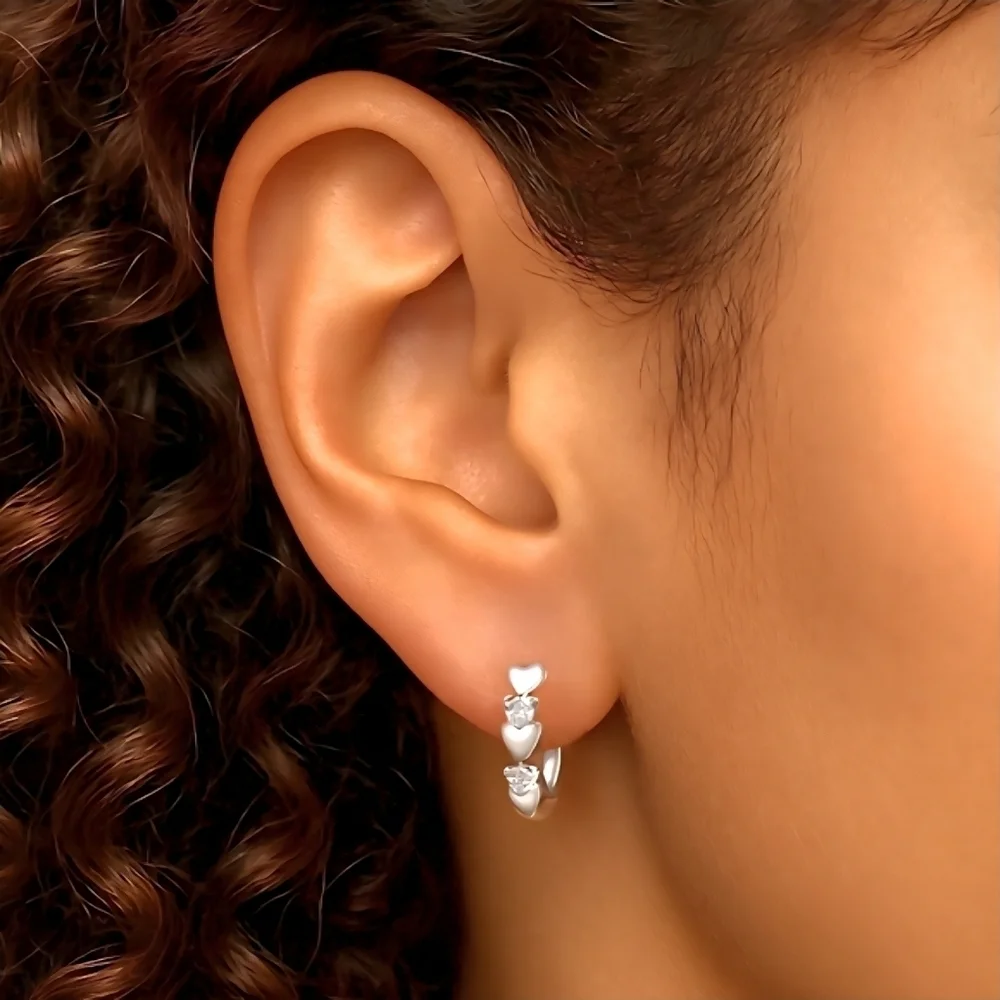 Minimalist Hoop Heart Earrings S925 Sterling Silver Dainty Zirconia Gift